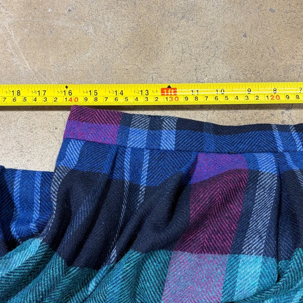 Vintage DVF Plaid Midi Skirt Blue Turquoise Purple Jewel Tone Pleated 16 Large - Picture 6 of 7